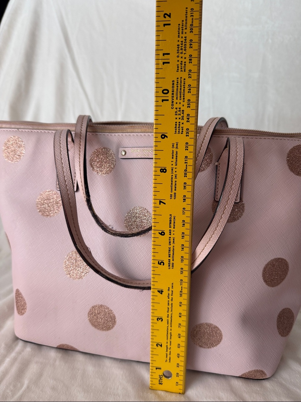 Kate Spade Polka Dot Tote Bag White Gold Large Shoulder Purse Cute Classic - Picture 9 of 10